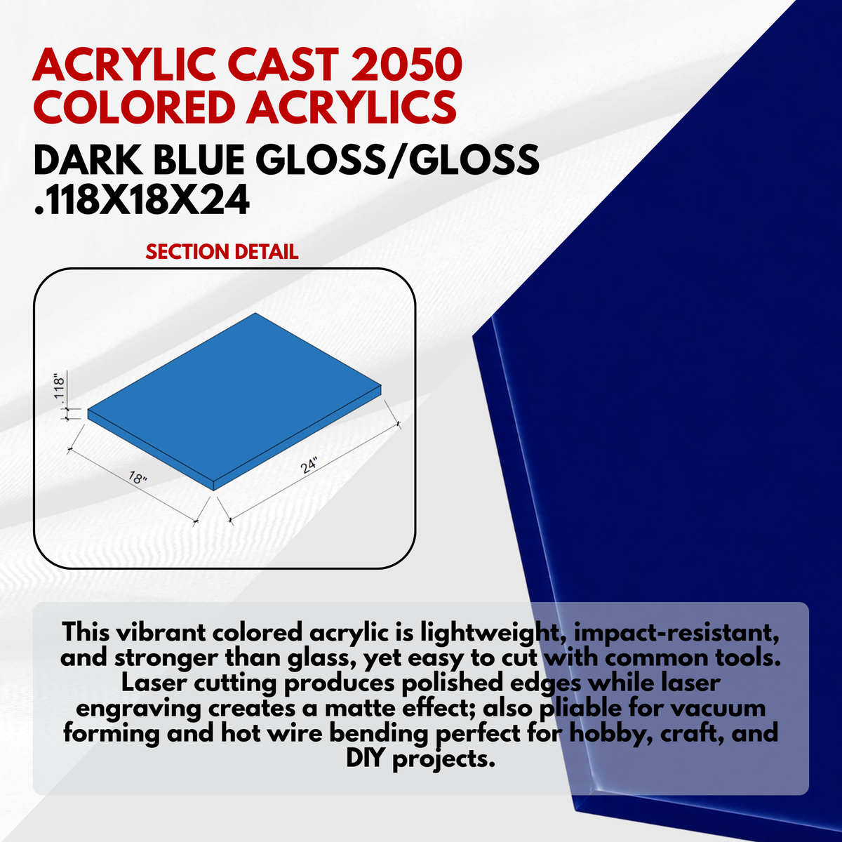 Acrylic Cast Sheets Gloss/Gloss Blue Dark 2050 - Size: .118''x18''x24''