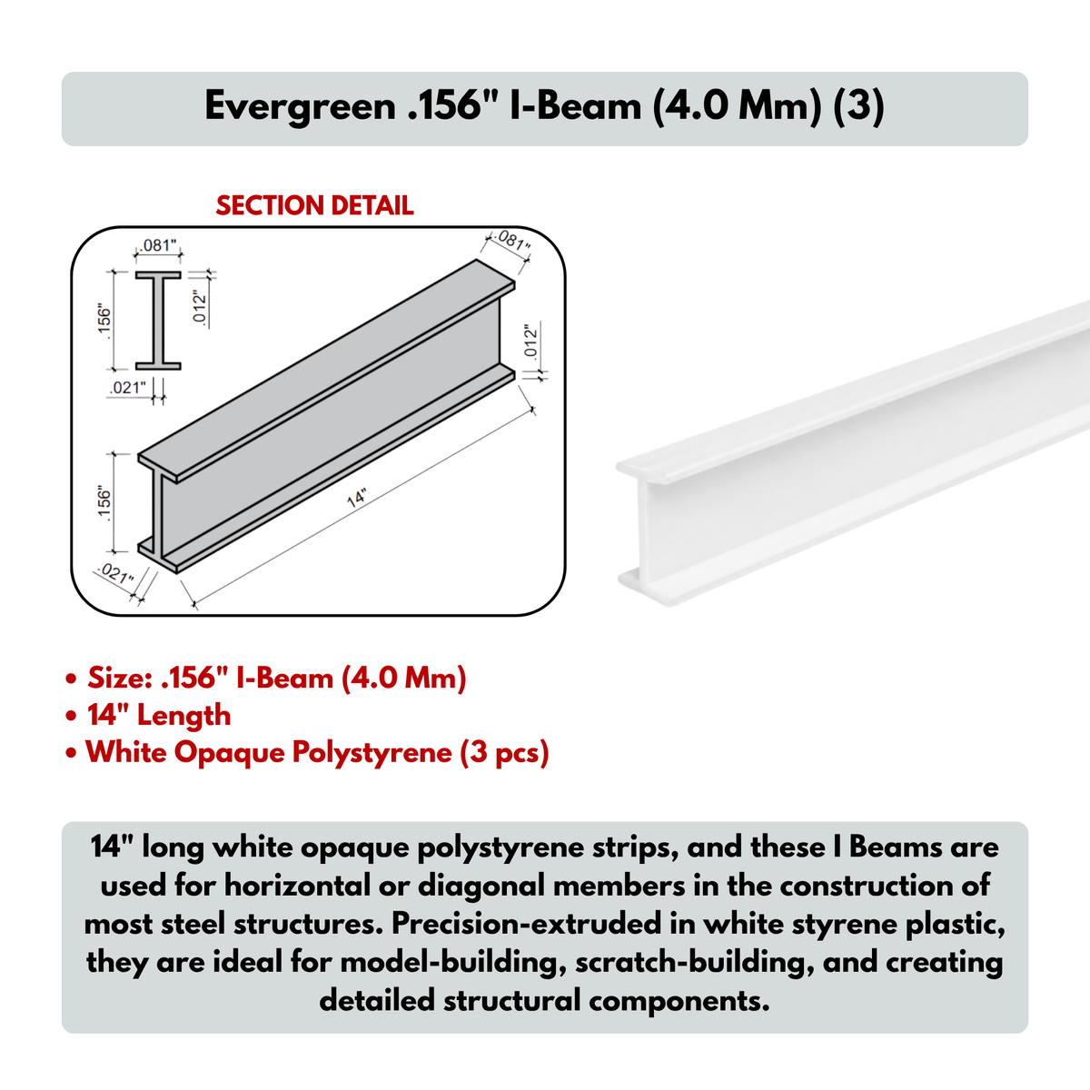 Evergreen I Beam - Size: ..156" (4.0 Mm) 3pk