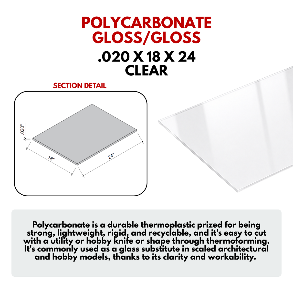 Polycarbonate Gloss/Gloss - Size: .030'' x 12'' x 24'' - Clear