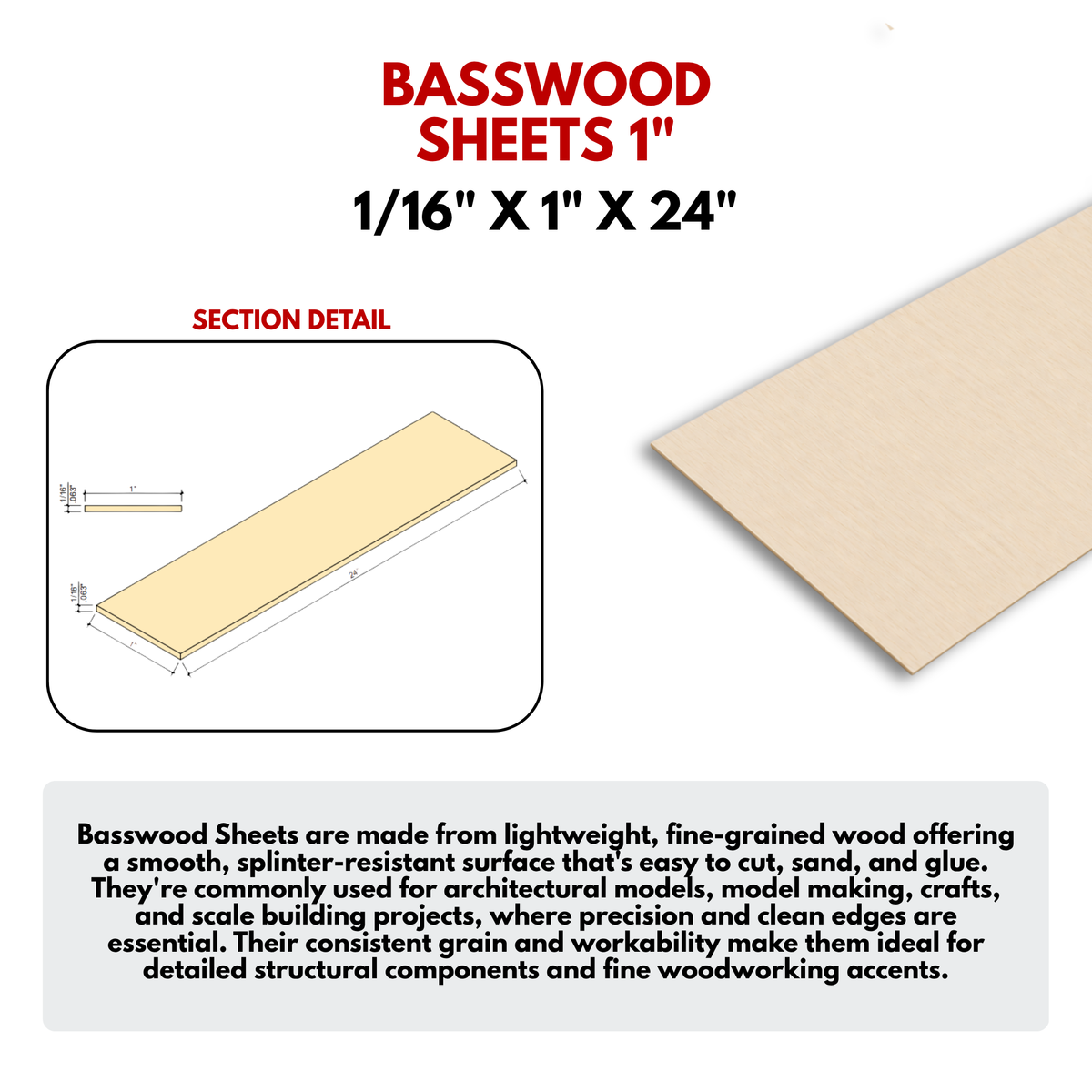 Basswood  1" - Size: 1/16''x1''x24''