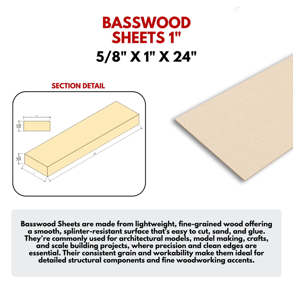 Basswood  1" - Size: 5/8''x1''x24''