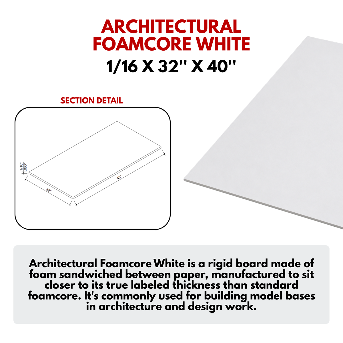 Architectural Foamcore White - Store pickup only / Local school Delivery - Size: 1/16x32''x40'' (JP) Local school delivery /store pickup