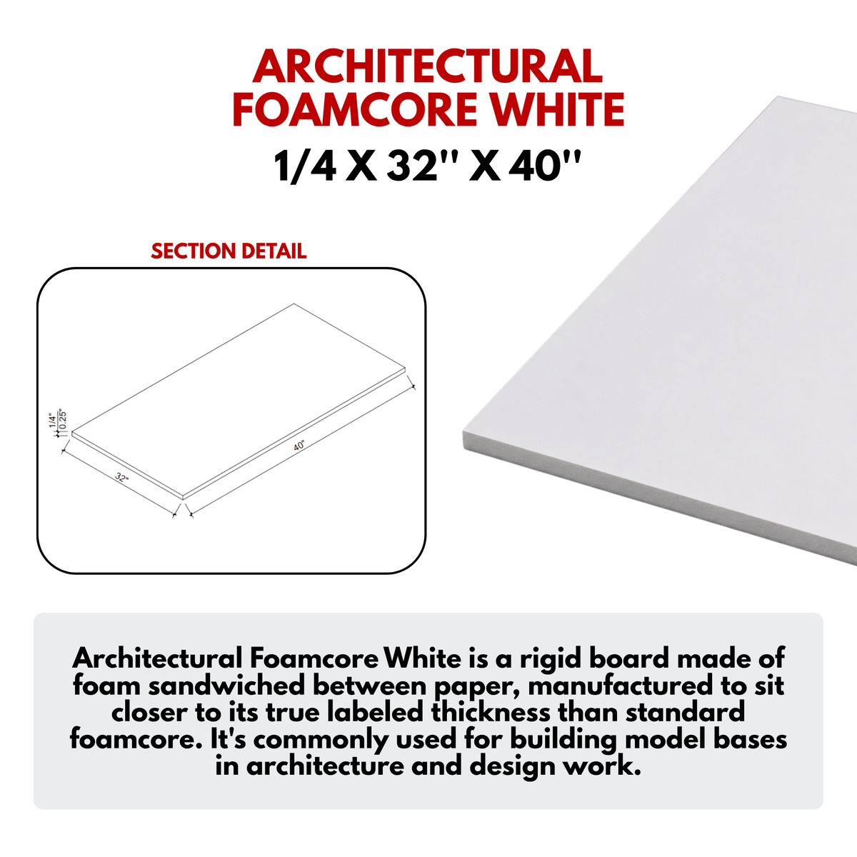 Architectural Foamcore White - Store pickup only / Local school Delivery - Size: 1/4x32''x40'' (JP) Local school delivery /store pickup